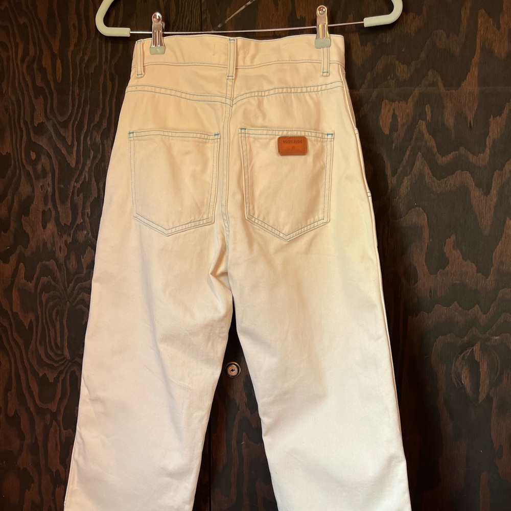 RUDY JUDE adult utility jeans- white with blue stitching, size 1.